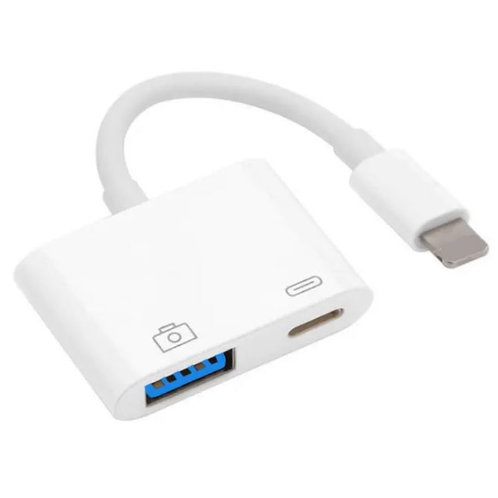 Adaptor OTG 2 in 1 Lightning Staryon® la USB 3.0, Port de Incarcare, Cablu de Date si Alimentare compatibil Apple iPhone si iPad, Suport Tastatura si Disk MIDI
