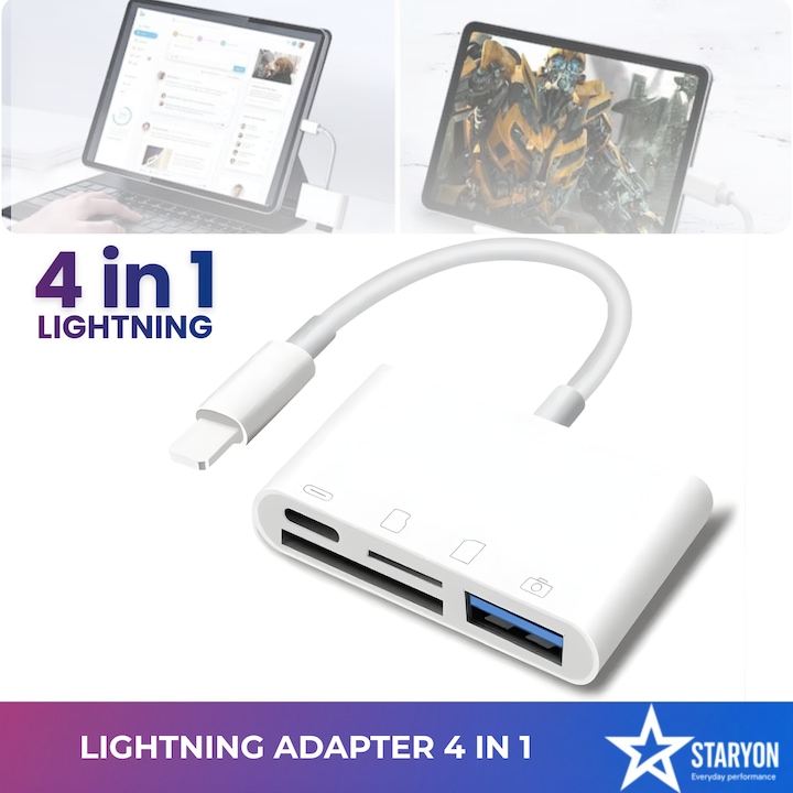 Adaptor OTG 4 in 1 Lightning la USB 3.0, Staryon®, Port Incarcare, Cititor Carduri SD si MicroSD, Compatibil iPhone si iPad, Suport Tastatura, Mouse, Camera, Disk MIDI, Alb