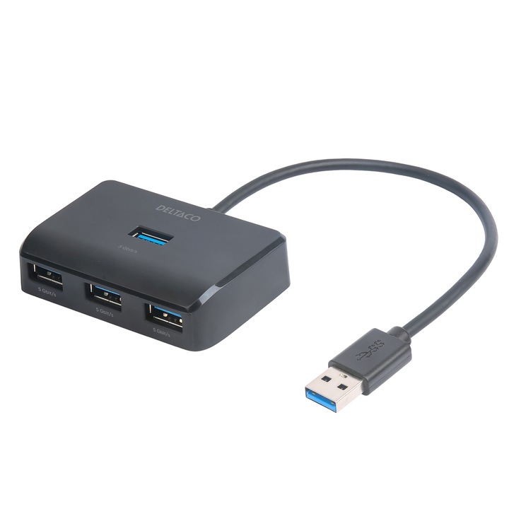 Hub USB Deltaco Aluminiu, 4 x USB, 5 Gbit/s, extra power input, negru