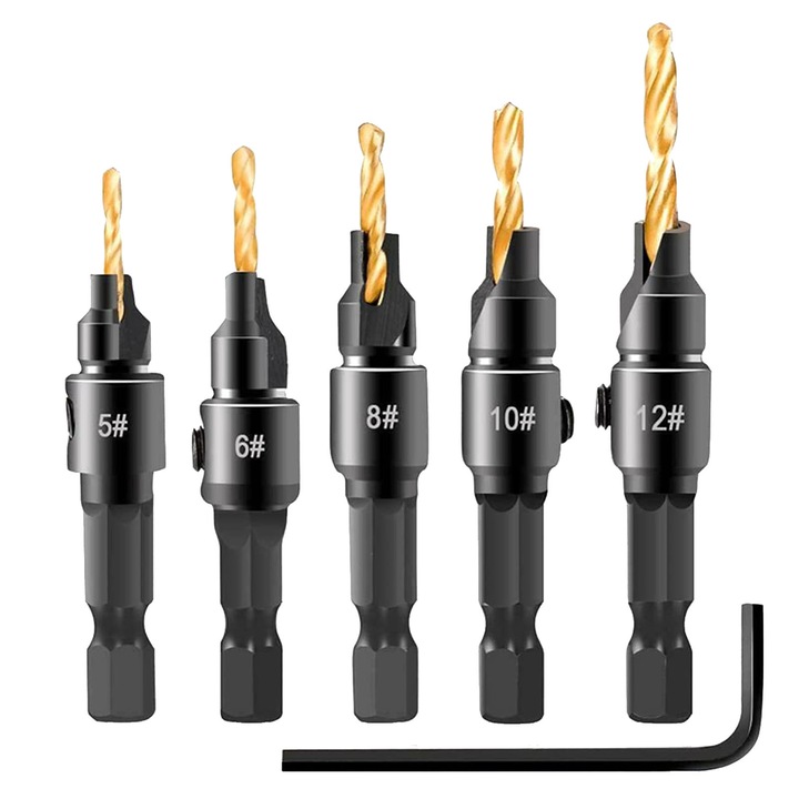 Set burghie cu autocentrare, Axroad Mall, Detasabil, 2mm, 2.38mm, 2.79mm, 3.17mm, 3.79mm, Diametrul tijei de 6.35 mm, Pentru scanduri de lemn, plastic, metale moi, placi de fibre, Otel, Negru/auriu