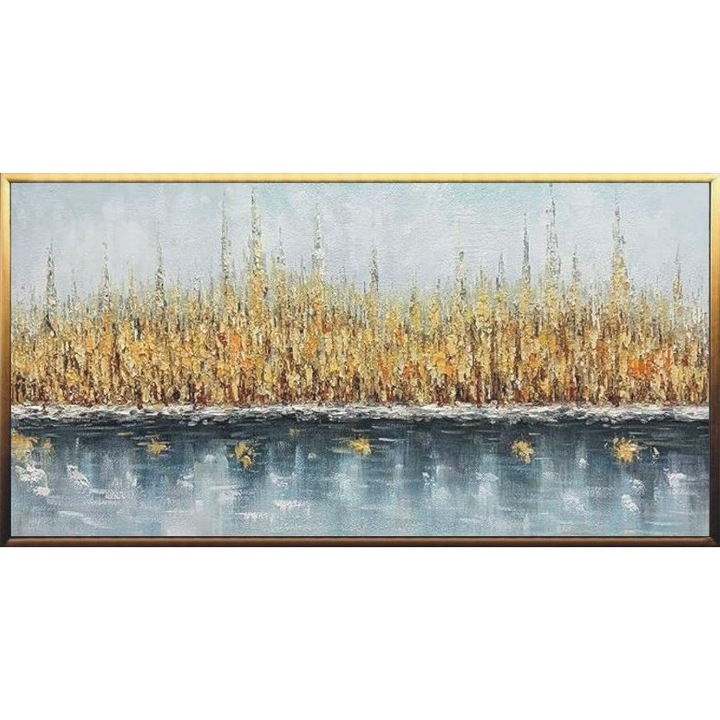 Tablou pictat manual ulei pe panza, tehnica texturata, 100x50cm, Pictura in cutit living, multicolor