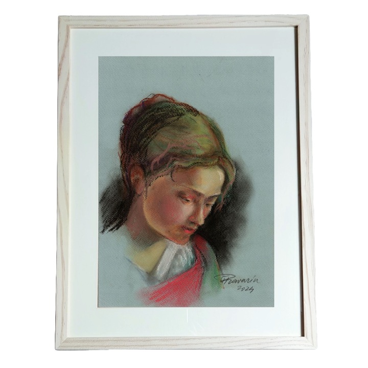 Tablou, Romantism in pastel, grafica in pastel pe hartie gri, realizat manual in 2024, inramat, 32 x 42 cm