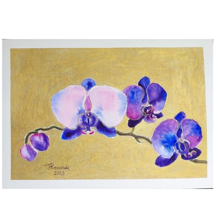 Festmény, Orchideák arany alapon, akvarell papíron, keretezetlen, kézzel készített 2023-ban, 28 x 38 cm