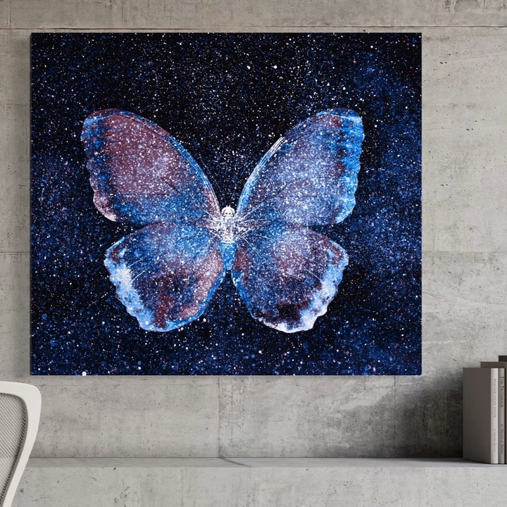 Премиум Канава Картина, LuxCanva® C1099, Блестяща Пеперуда, 100 X 100 СМ, 100% Памучно Платно 400гр/м2, Дървена Рамка, Светлини, Пеперуда, Всекидневна, Офис, Релакс, Живи Цветове