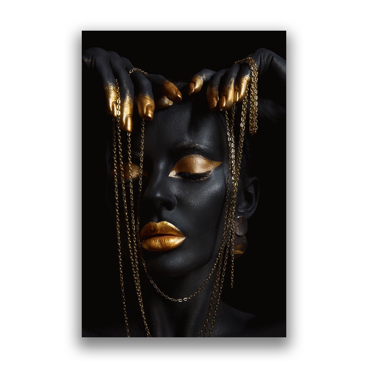 Първокласна картина на платно, LuxCanva® C1100, Момиче, покрито с черна и златна боя, 65 X 100 CM, 100% памучно платно 400 g/m2, Дървена рамка, Момиче, Красота, Злато, Всекидневна, Спалня, Релаксация, Живи цветове