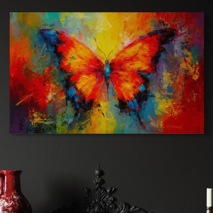 Премиум картина върху платно, LuxCanva® C1101, Ярко оцветена пеперуда, 100 X 155 CM, 100% памучно платно 400g/m2, дървена рамка, Цветове, Пеперуда, Хол, Спалня, Релаксация, Ярки цветове
