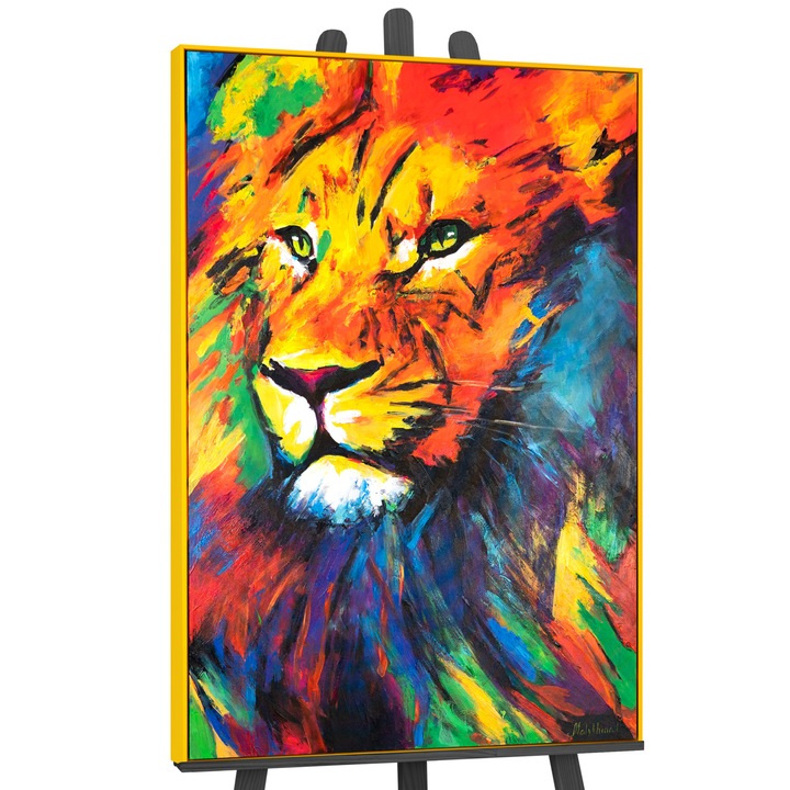 Tablou pictat manual, acrilic pe panza, Puterea leului, cu rama Galben, abstract, 140x100 cm