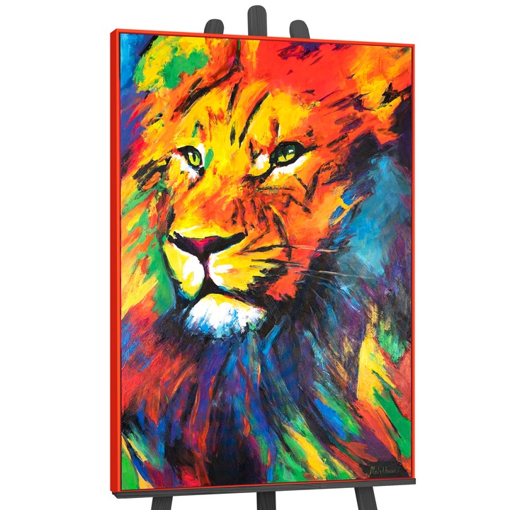 Tablou pictat manual, acrilic pe panza, Puterea leului, cu rama Rosu, abstract, 140x100 cm