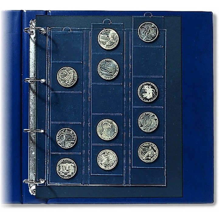 Set 2 folii pentru monede, Safe Albums, Compact A4, 15 buzunare de 44 mm, 2 foi de carton negru Ph neutru