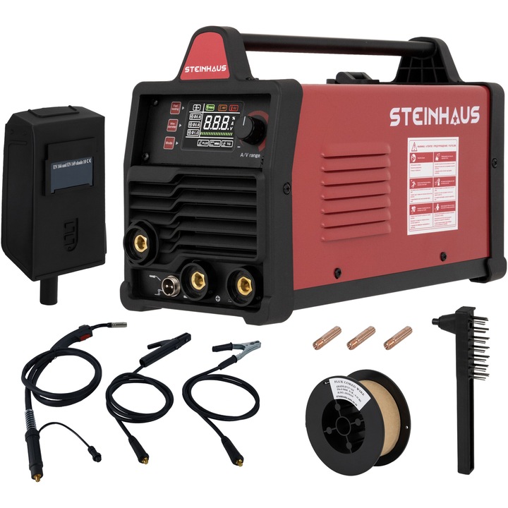 Invertor sudura cu rola sarma flux 0.45 kg MIG/MMA/TIG Steinhaus PRO-MIG130, 230 V, 20-130 A curent, 0.8-1.0 mm diametru sarma de sudura, 1.6-3.2 mm diametru electrod de sudura