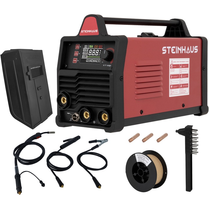 Инвертор за заваряване с флюсова тел с MIG/TIG/MMA поток Steinhaus PRO-MIG130, 130 A максимален заваръчен ток, 230 V, 0,8-1,0 мм максимален диаметър на телта