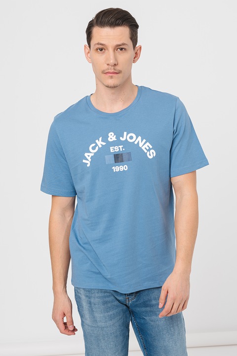 Jack & Jones, Тениска Theo с лого, Бял/Прашно синьо