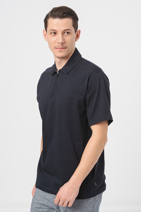 Jack & Jones, Galléros póló cipzáros nyakkivágással, Fekete, S