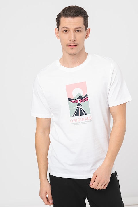 Jack & Jones, Памучна тениска с щампа, Бял/Прашно розово/Тъмнозелен
