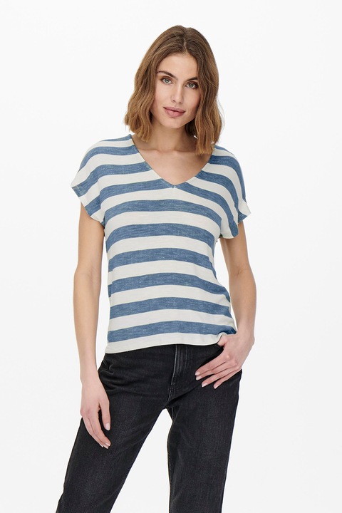 Only, Tricou in dungi cu decolteu in V Lira, Alb/Albastru