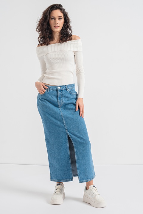 Only, Pulover striat cu decolteu pe umeri, Alb, M