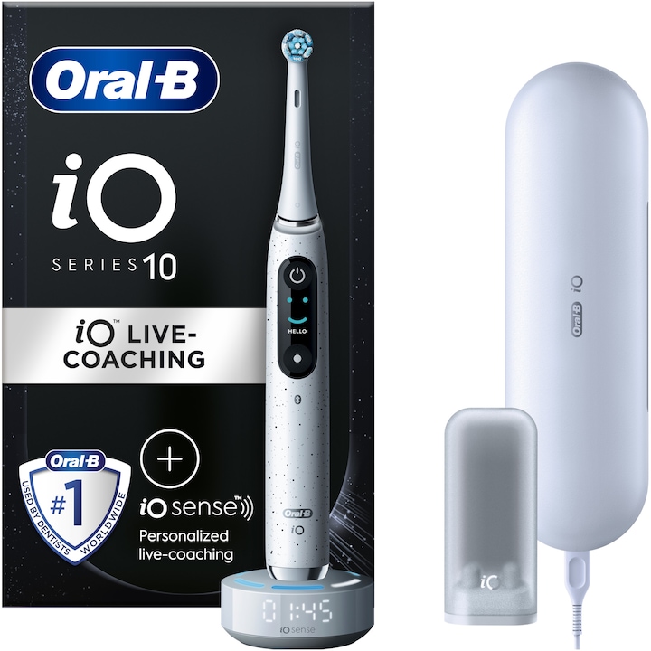 Електрическа четка за зъби Oral-B iO10, Със зарядно устройство iOSense, Магнитна технология и микро вибрации, Изкуствен интелект, LED дисплей, Интелигентен сензор за натиск, 7 режима, 1 накрайник, Калъф за резерви, Комплект за пътуване със зарядно, Бял