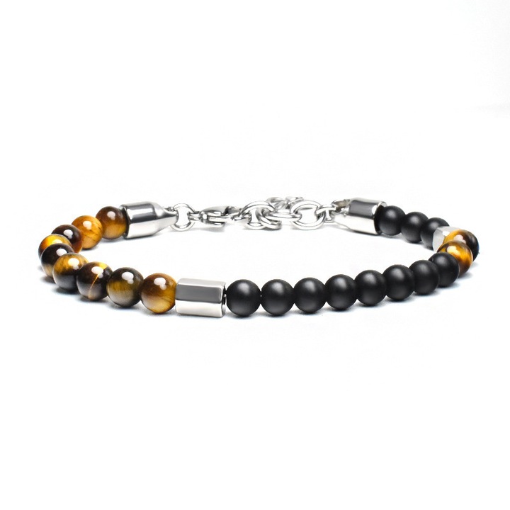 Bratara unisex, Fiarra®, otel inoxidabil, pietre naturale 6 mm, pandativ inox, reglabila, 19-22 cm, Tiger Eye