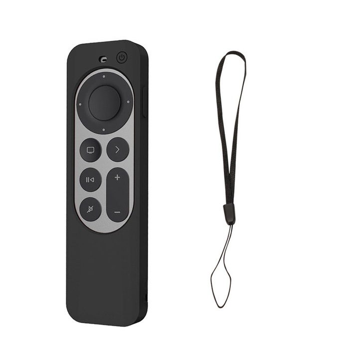 Калъф за Apple TV Siri Remote 2022/2021, JENUOS®, Силиконов, Включва кабел за окачване, 140x40x14mm, Черен