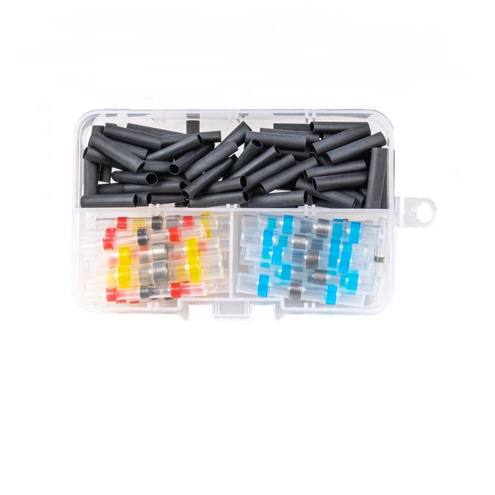 100 db-os csatlakozókészlet fémlemezzel és hőre zsugorodó csövekkel