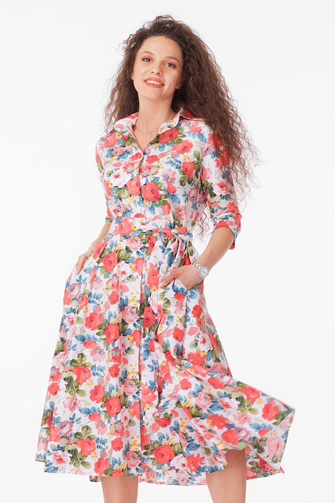 CAMISSI, Rochie-camasa evazata cu cordon in talie, Verde/Coral/Albastru