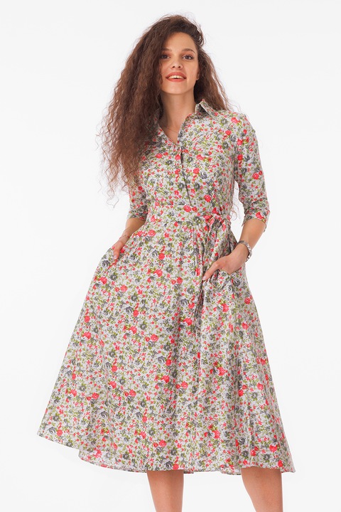 CAMISSI, Rochie-camasa evazata cu cordon in talie, Alb/Verde/Coral