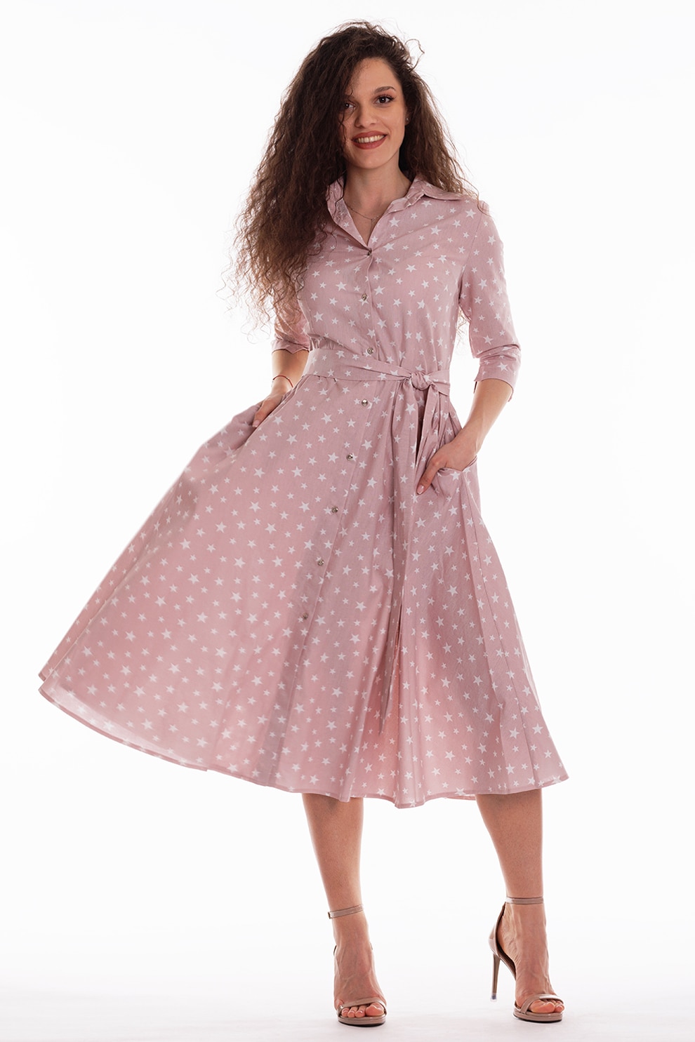 CAMISSI, Rochie-camasa evazata cu cordon in talie, Alb, Roz prafuit, S