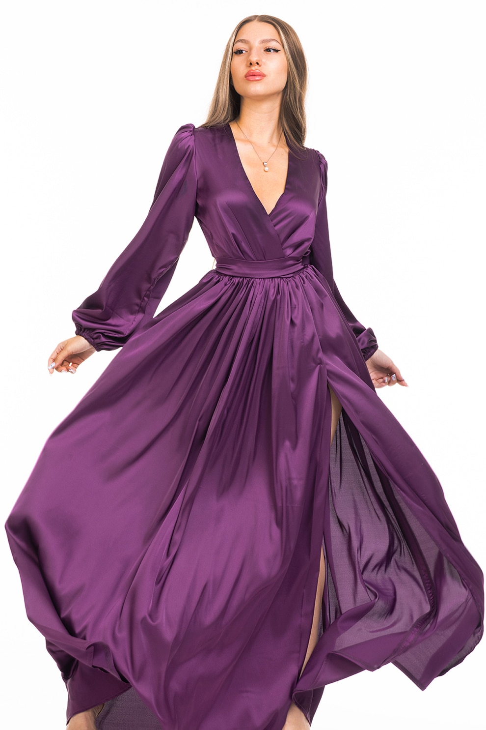 CAMISSI, Rochie maxi evazata cu slit si model petrecut, Ametist, M