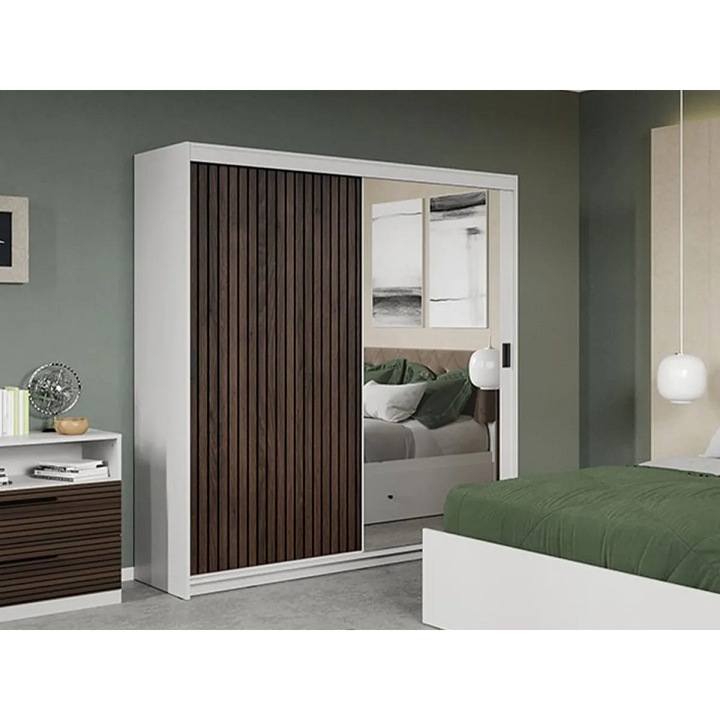 Dulap dormitor, Alb cu Usa Stejar Inchis si Oglinda, Line, L 184 x A 55 x H 194,8 cm