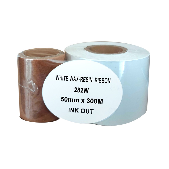 Ribon transfer termic wax-resin alb, 50mm x 300m, ink out, tub suplimentar 1 inch, pentru hartie cretata si necretata, plastic PP, PE, PVC si benzi satin, poliamida