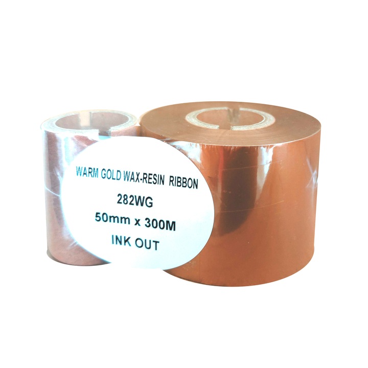 Ribon transfer termic wax-resin, culoare gold warm mat, 50mm x 300m, ink out, tub suplimentar 1 inch, pentru hartie cretata si necretata, plastic PP, PE, PVC si benzi satin, poliamida