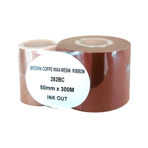 Ribon transfer termic wax-resin, culoare brown coffee, 50mm x 300m, ink out, tub suplimentar 1 inch, pentru hartie cretata si necretata, plastic PP, PE, PVC si benzi satin, poliamida