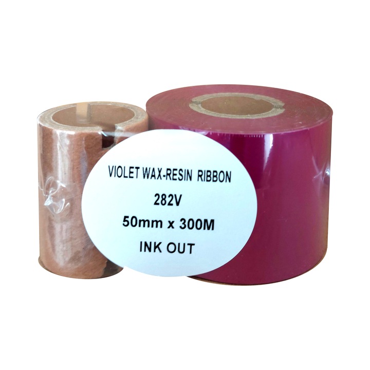 Ribon transfer termic wax-resin, culoare violet, 50mm x 300m, ink out, tub suplimentar 1 inch, pentru hartie cretata si necretata, plastic PP, PE, PVC si benzi satin, poliamida