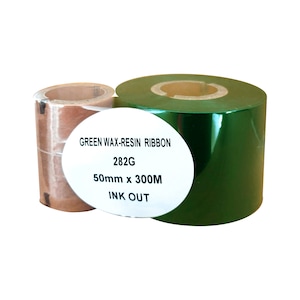 Ribon transfer termic wax-resin, culoare verde, 50mm x 300m, ink out, tub suplimentar 1 inch, pentru hartie cretata si necretata, plastic PP, PE, PVC si benzi satin, poliamida