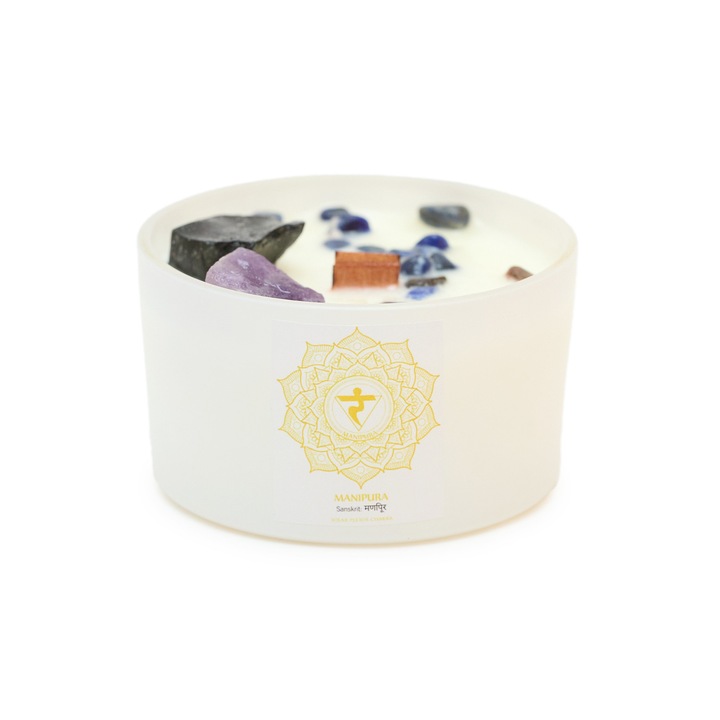 Lumanare Chakra Plexului Solar din ceara de soia, cu cristale de ametist si agat si fitil din lemn, 360 g