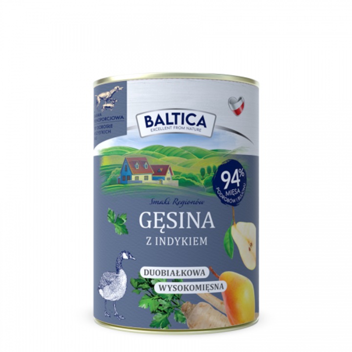 Nedves táp kutyáknak Baltica, liba és pulyka körtével, prémium, gabonamentes, minden méretben, 400g