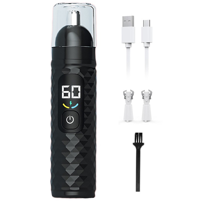 Trimmer pentru nas, POMAMZ, ABS+Otel inoxidabil, Incarcare Type-c, Lavabil, Ecran digital, Doua niveluri de ajustare, Negru