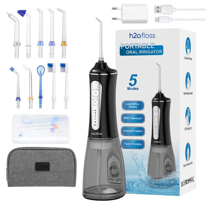Irigator Oral Profesional pentru Dus Bucal H2ofloss® Premium, 10 duze incluse, 5 trepte de presiune, Acumulator 2500 mAh, Rezervor 300 ml, Rezistenta la apa IPX7, Protectie supraincalzire, Geanta transport, Negru