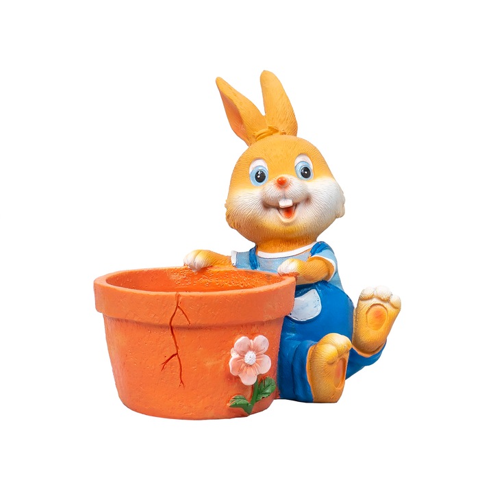 Decoratiune pentru gradina, din rasina, model iepure cu ghiveci pentru flori, inaltime 17cm, galben / ZTS 8075