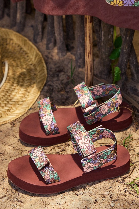 ROXY, Sandale slingback cu velcro si imprimeu floral Cage, Verde/Portocaliu pal/Roz