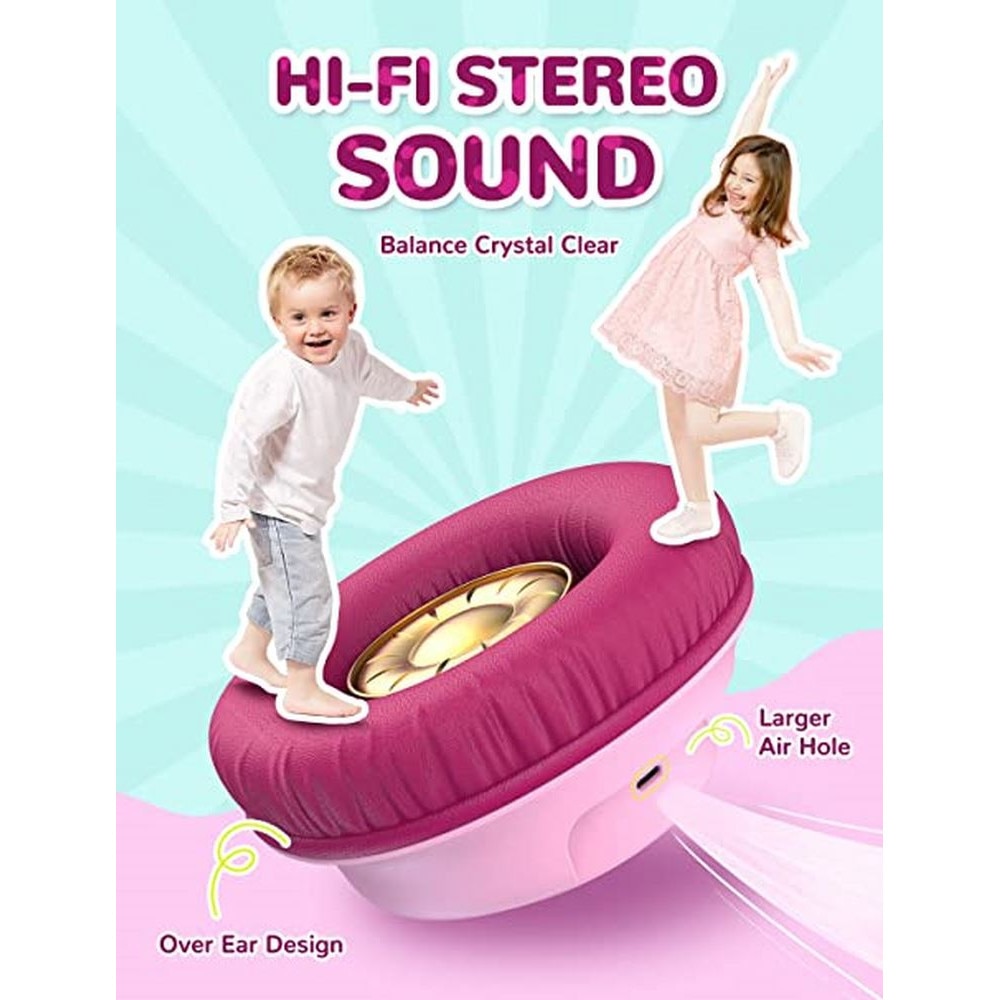 Casti Audio Wireless & Jack 3.5 mm, Lumini LED colorate, Volum Limitat 74/85/94dB, redare 43 ore, Bluetooth 5.3, Over Ear, Microfon, Pliabil, Rotabil, Sunet Stereo, Banda Reglabila, Partajare sunet, iClever Kids Headphone BTH18, Pink&Burgundy