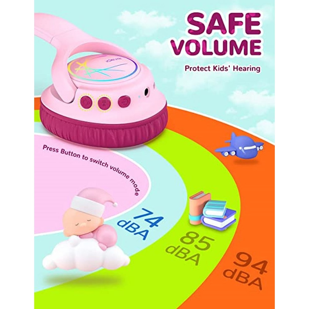 Casti Audio Wireless & Jack 3.5 mm, Lumini LED colorate, Volum Limitat 74/85/94dB, redare 43 ore, Bluetooth 5.3, Over Ear, Microfon, Pliabil, Rotabil, Sunet Stereo, Banda Reglabila, Partajare sunet, iClever Kids Headphone BTH18, Pink&Burgundy