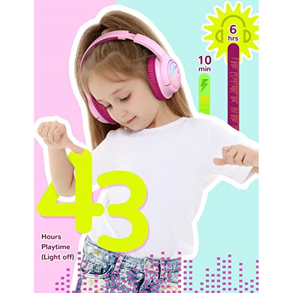 Casti Audio Wireless & Jack 3.5 mm, Lumini LED colorate, Volum Limitat 74/85/94dB, redare 43 ore, Bluetooth 5.3, Over Ear, Microfon, Pliabil, Rotabil, Sunet Stereo, Banda Reglabila, Partajare sunet, iClever Kids Headphone BTH18, Pink&Burgundy