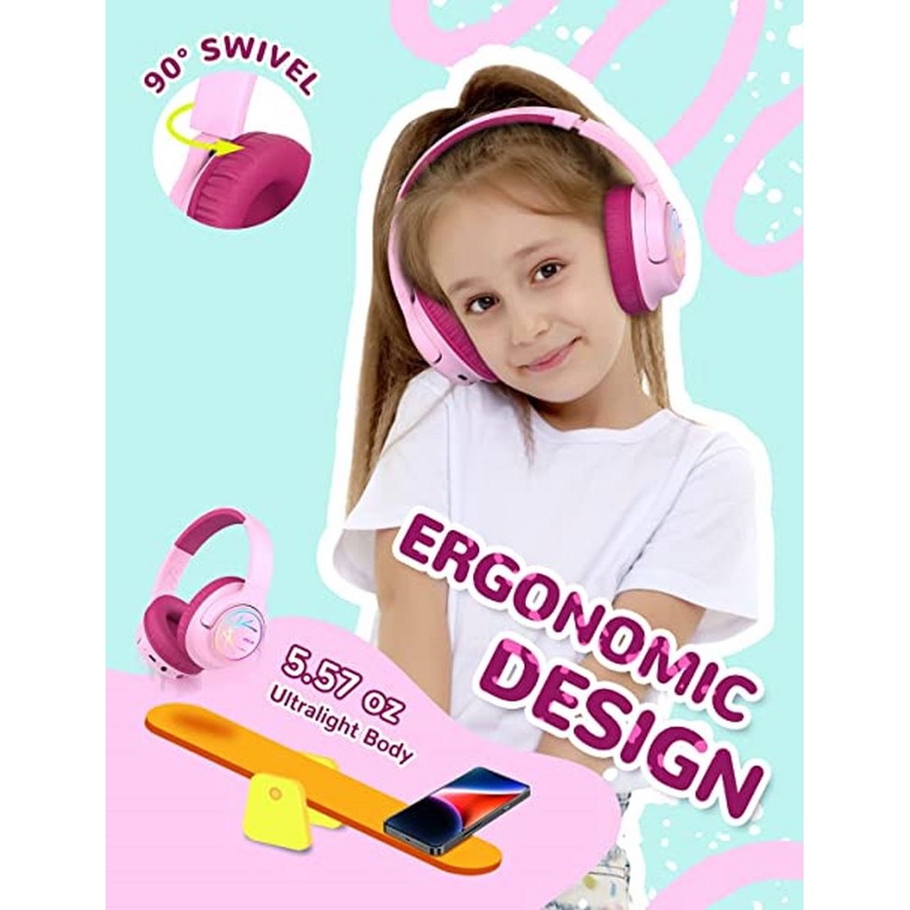 Casti Audio Wireless & Jack 3.5 mm, Lumini LED colorate, Volum Limitat 74/85/94dB, redare 43 ore, Bluetooth 5.3, Over Ear, Microfon, Pliabil, Rotabil, Sunet Stereo, Banda Reglabila, Partajare sunet, iClever Kids Headphone BTH18, Pink&Burgundy