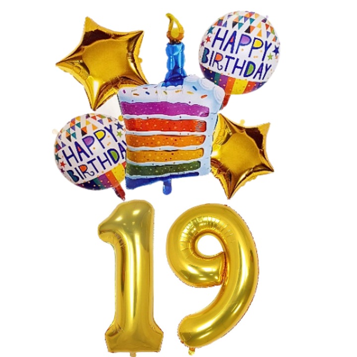 Set 7 baloane folie aniversare 19 ani, folie figurina Tort, zi de nastere, 2 baloane folie rotunde Happy Birthday, 2 stelute aurii si cifre folie aurii