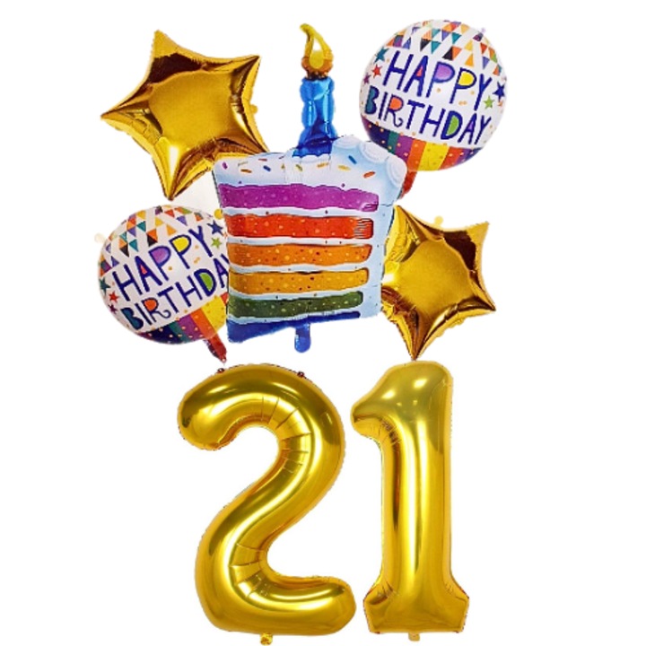 Set 7 baloane folie aniversare 21 ani, folie figurina Tort, zi de nastere, 2 baloane folie rotunde Happy Birthday, 2 stelute aurii si cifre folie aurii