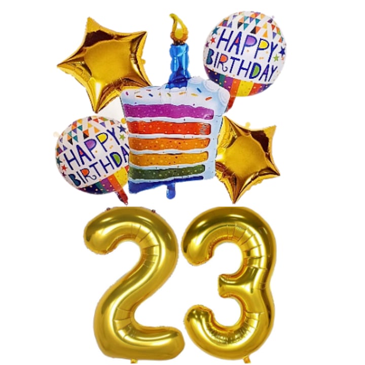 Set 7 baloane folie aniversare 23 ani, folie figurina Tort, zi de nastere, 2 baloane folie rotunde Happy Birthday, 2 stelute aurii si cifre folie aurii