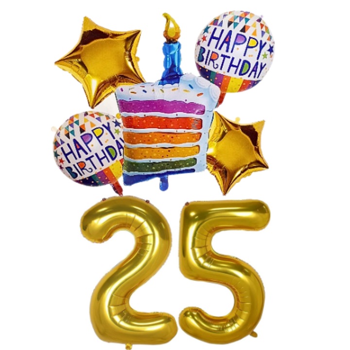 Set 7 baloane folie aniversare 25 ani, folie figurina Tort, zi de nastere, 2 baloane folie rotunde Happy Birthday, 2 stelute aurii si cifre folie aurii