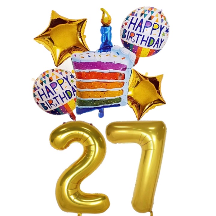 Set 7 baloane folie aniversare 27 ani, folie figurina Tort, zi de nastere, 2 baloane folie rotunde Happy Birthday, 2 stelute aurii si cifre folie aurii