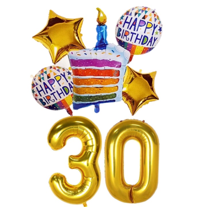 Set 7 baloane folie aniversare 30 ani, folie figurina Tort, zi de nastere, 2 baloane folie rotunde Happy Birthday, 2 stelute aurii si cifre folie aurii